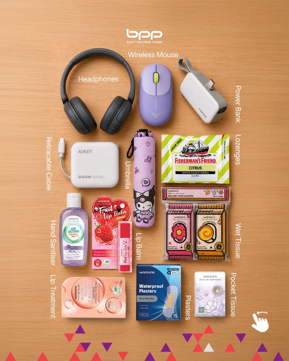 Student essentials products including AUKEY power bank, Watsons personal care items, and accessories