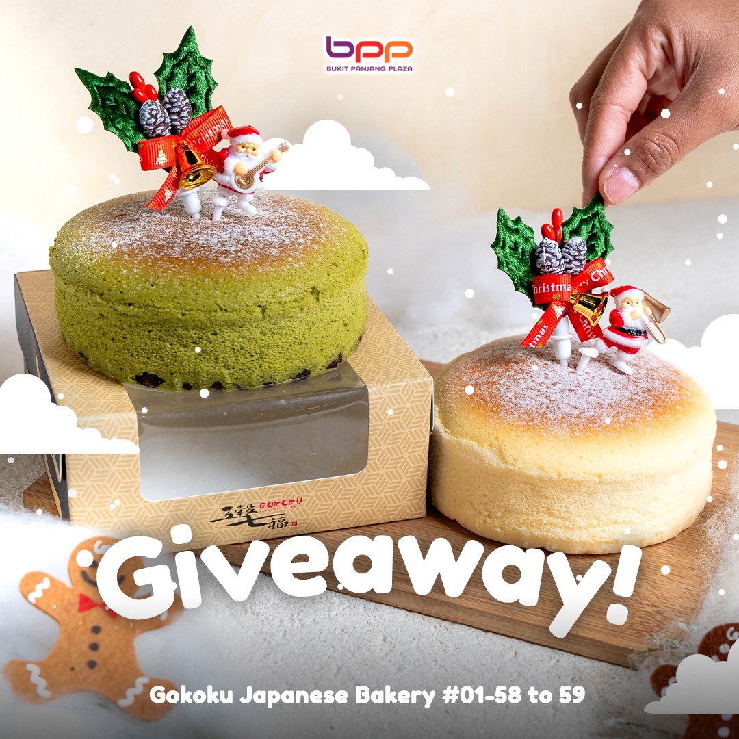 A beautifully decorated Gokoku Japanese Bakery Christmas-themed Cheesecake, available in Yuzu or Matcha flavors.