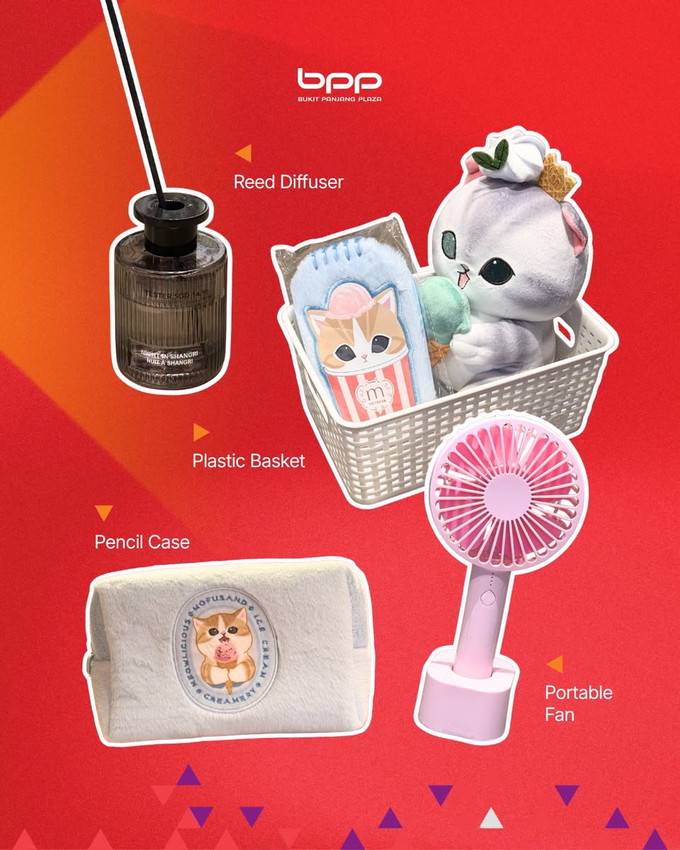 MINISO reed diffuser, basket with plush cat, pencil case, and portable fan