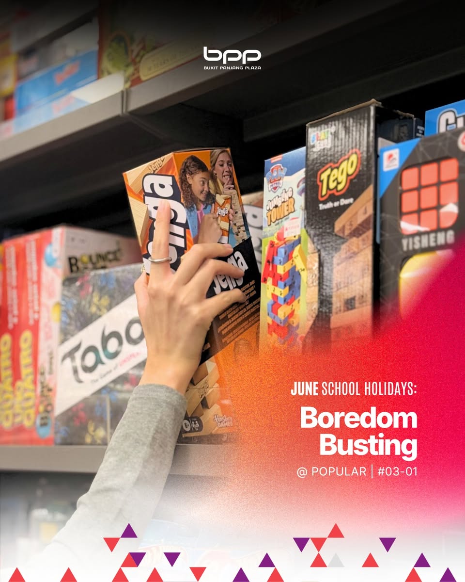 Popular Bookstore at Bukit Panjang Plaza #03-01 featuring board games including Tegu, Tower, Yisheng, Taboo, Bounce and Giant Jenga for June school holidays
