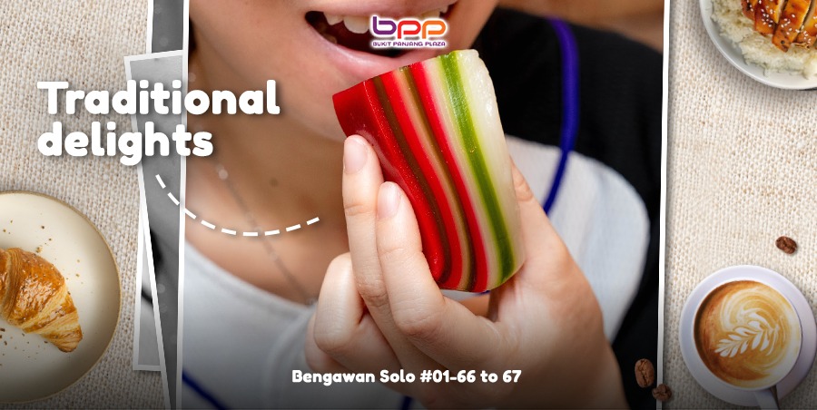 A vibrant display of traditional Singaporean kueh and pastries