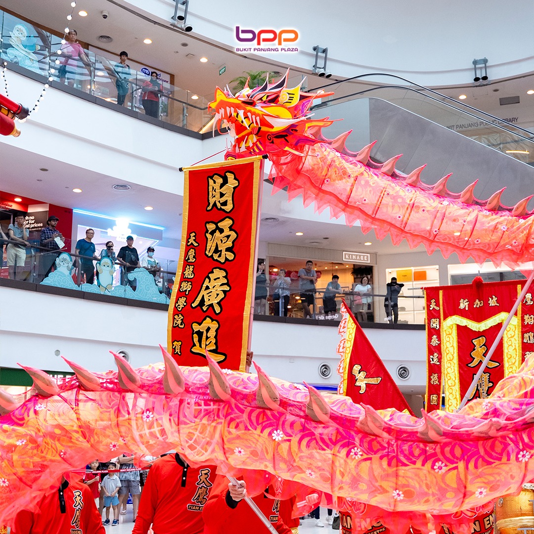 A vibrant lion dance performance at Bukit Panjang Plaza.