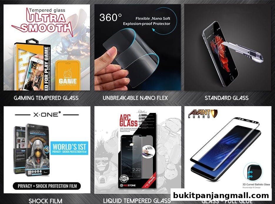 Collage of different phone screen protectors and their features.