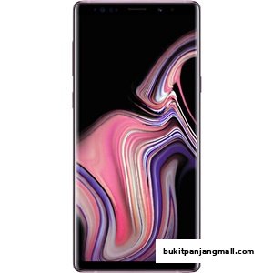 A close-up of a purple Samsung Galaxy Note 9 smartphone displaying a colorful abstract wallpaper.