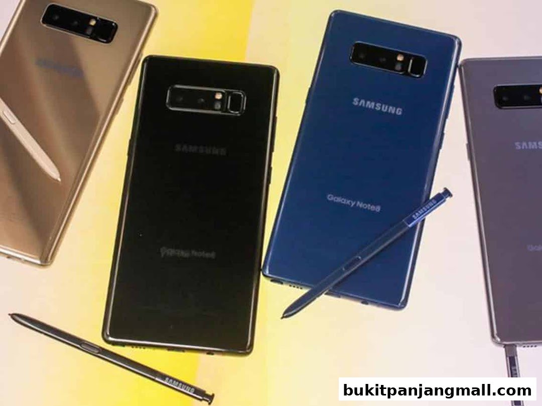Several Samsung Galaxy Note 8 phones in different colors with their styluses.