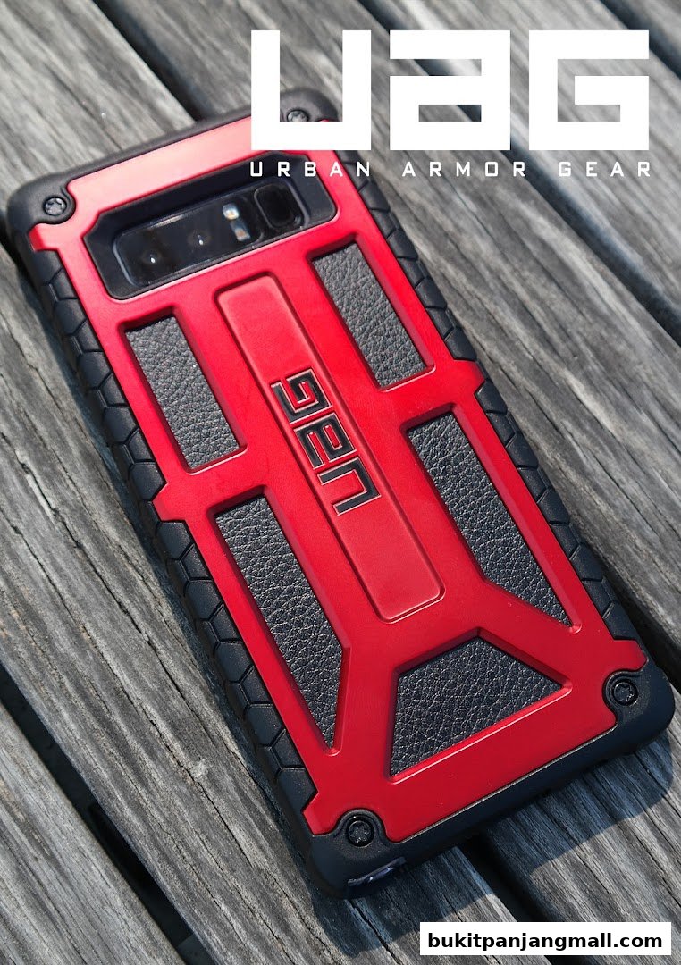A red and black Urban Armor Gear phone case with a textured grip.