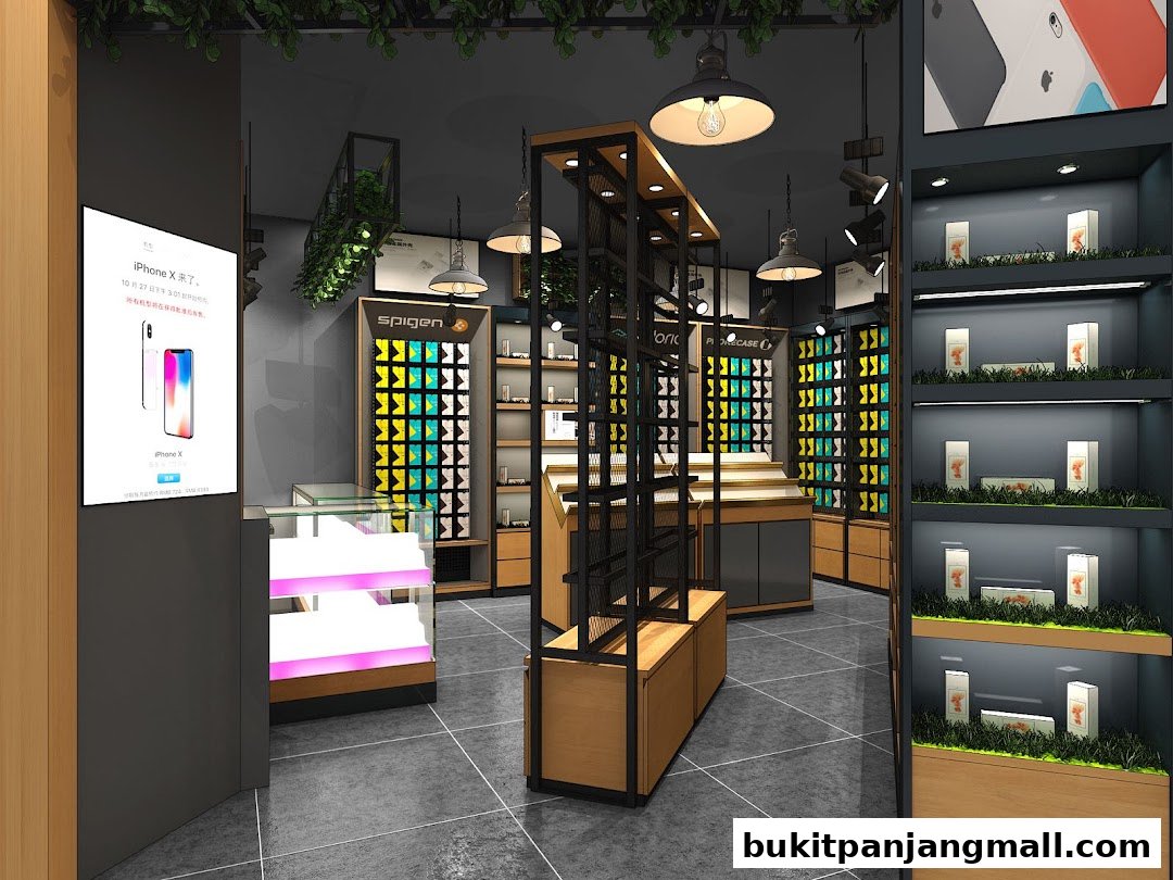 Interior view of a modern phone accessories and repair shop with display shelves.