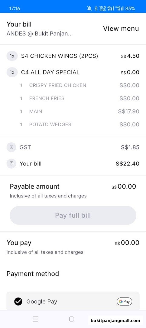 A digital bill from ANDES @ Bukit Panjang Plaza showing ordered items and total amount.