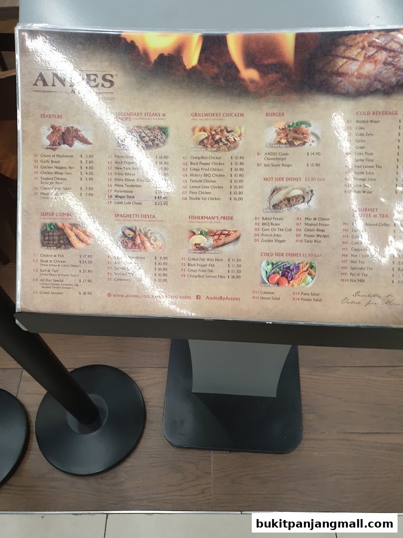 A menu for Andes by Astons featuring steaks, chicken, burgers, and sides.