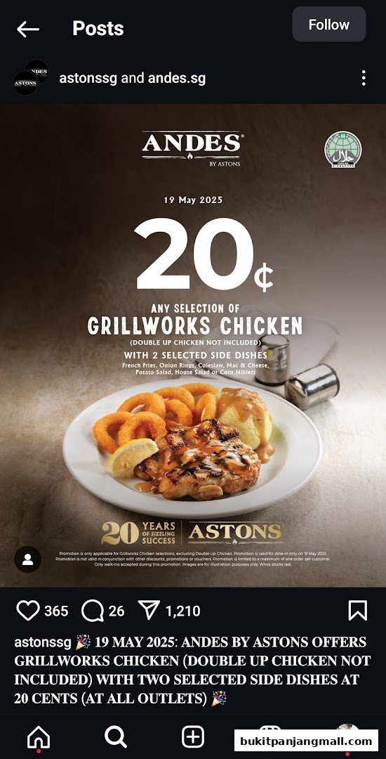 A promotional image for Andes by Astons featuring a Grillworks Chicken meal with sides.