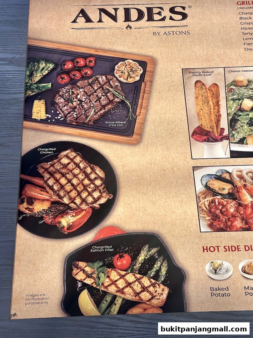 A menu from ANDES by ASTONS featuring grilled dishes like steak, chicken, and salmon.
