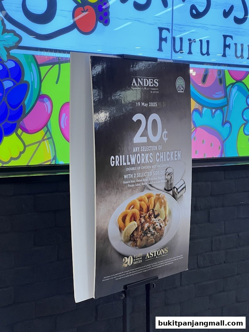 A promotional poster for Andes by Astons featuring a Grillworks Chicken meal.