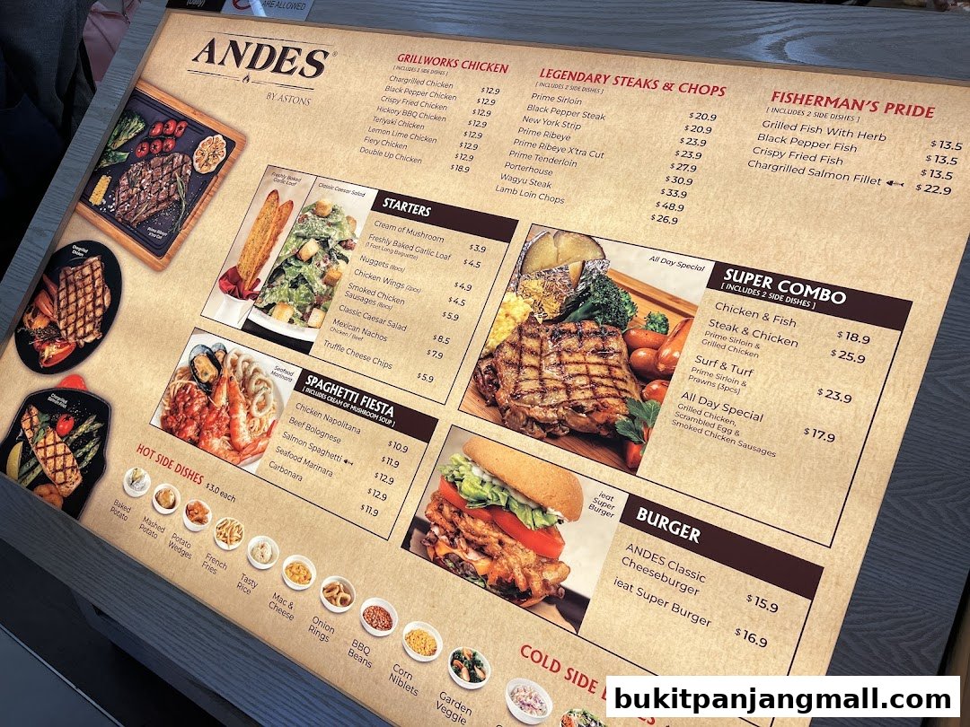A menu from ANDES by ASTONS featuring grilled dishes, steaks, seafood, pasta, and burgers.
