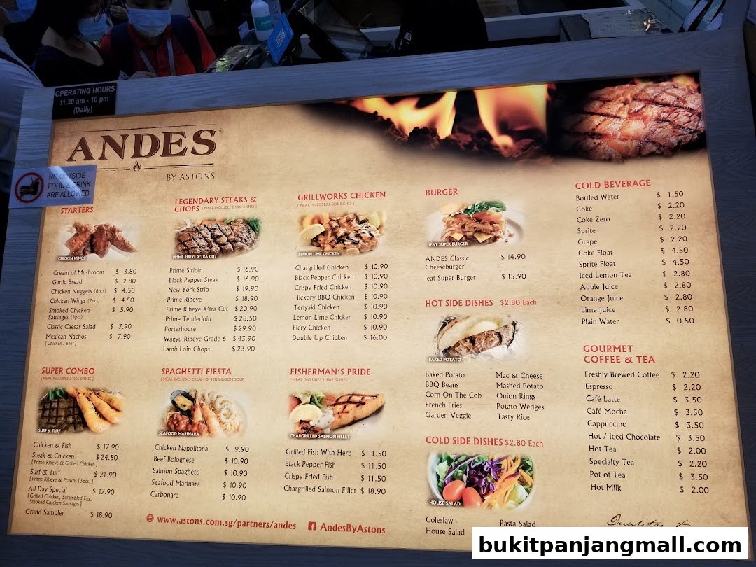 A menu board for Andes by Astons, featuring steaks, chicken, burgers, and beverages.