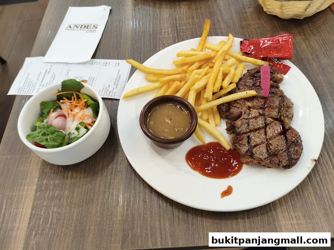 A plate of steak and fries with a side salad and dipping sauce.