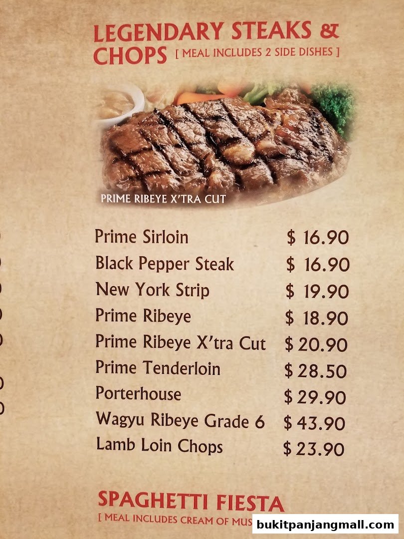 A menu featuring legendary steaks and chops, with prices and a picture of a prime ribeye steak.