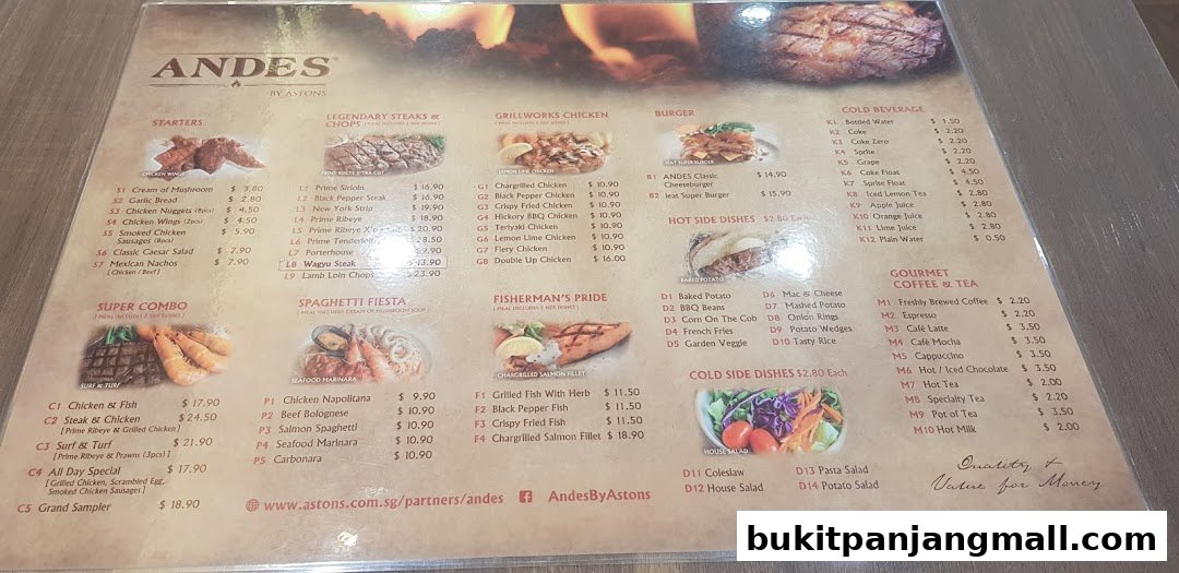 A menu from Andes by Astons featuring steaks, chicken, seafood, pasta, burgers, sides, and beverages.