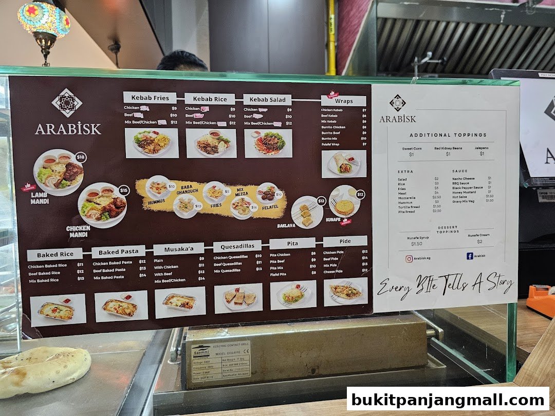 A menu board for ArabiskSG featuring kebabs, rice dishes, wraps, and more.