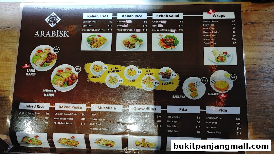 A menu from ArabiskSG featuring kebabs, wraps, rice dishes, pasta, and more.