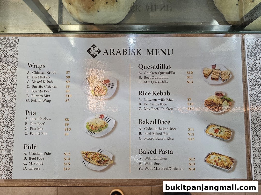 A menu from ArabiskSG featuring wraps, pita, quesadillas, rice kebabs, baked rice, and baked pasta.