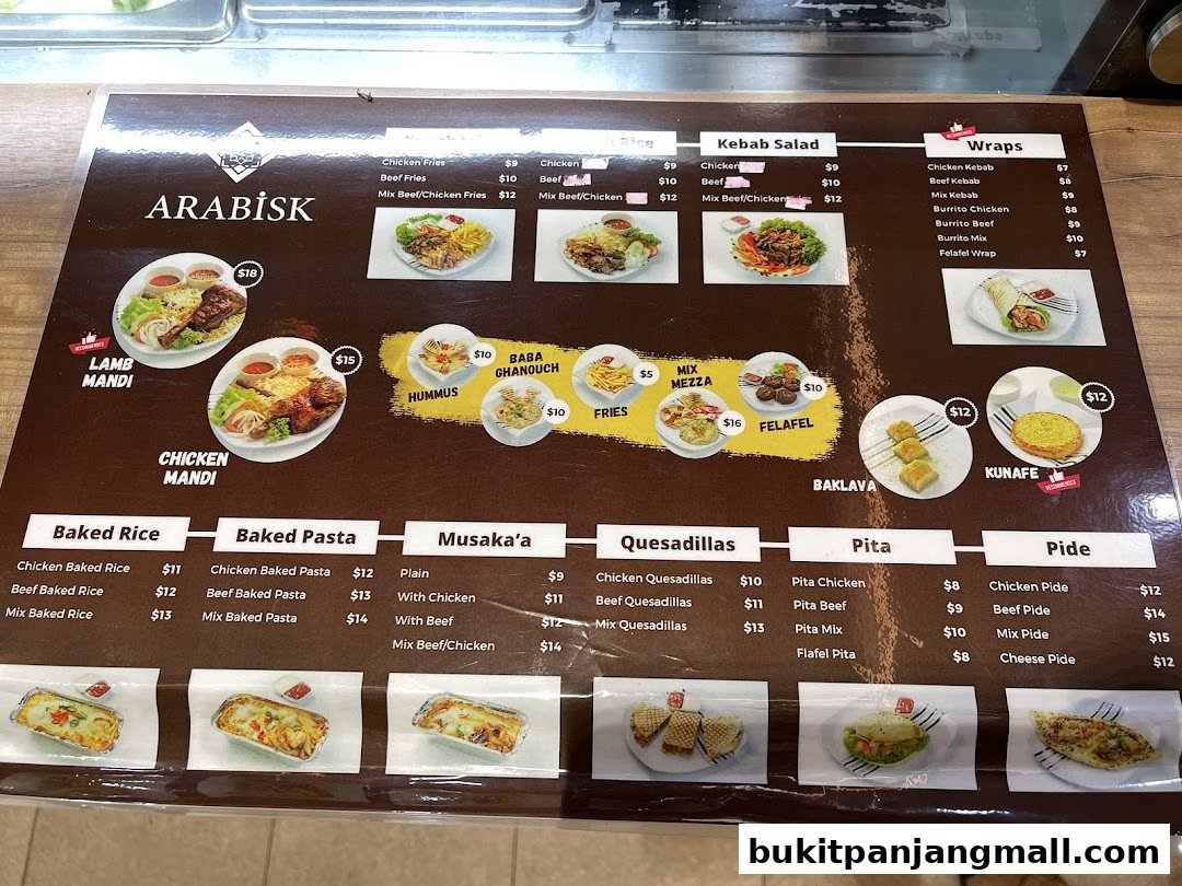 A menu from ArabiskSG featuring various Middle Eastern dishes like Mandi, Kebabs, Wraps, and Pide.