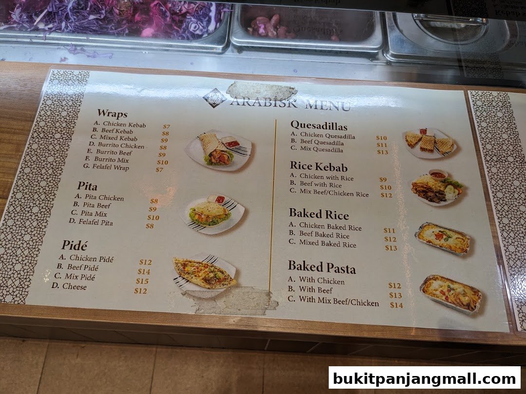 A menu from ArabiskSG featuring wraps, pita, pide, quesadillas, rice, and pasta dishes.