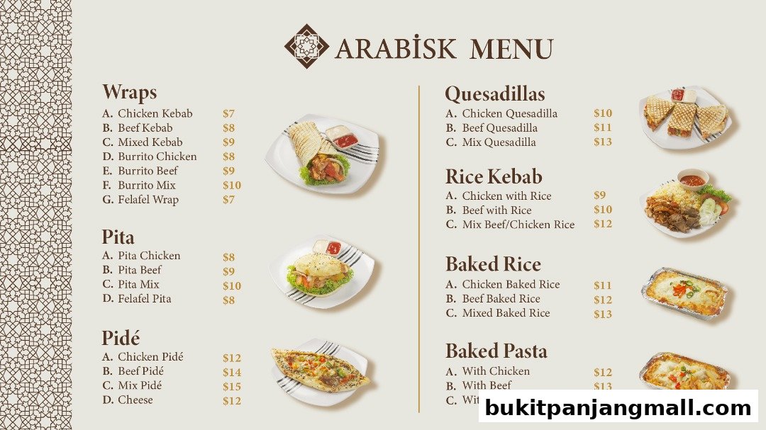 A menu from ArabiskSG featuring wraps, pita, pide, quesadillas, rice kebab, baked rice, and baked pasta.