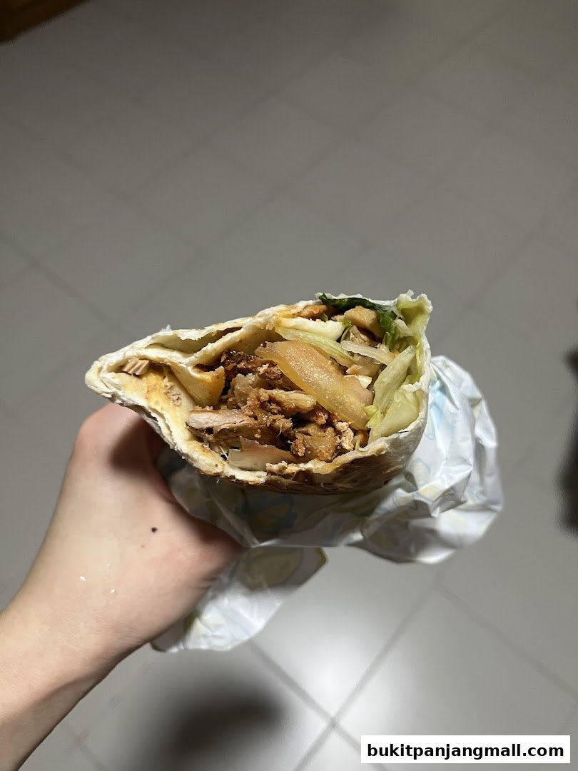 A hand holds a delicious-looking wrap filled with meat, vegetables, and sauce.