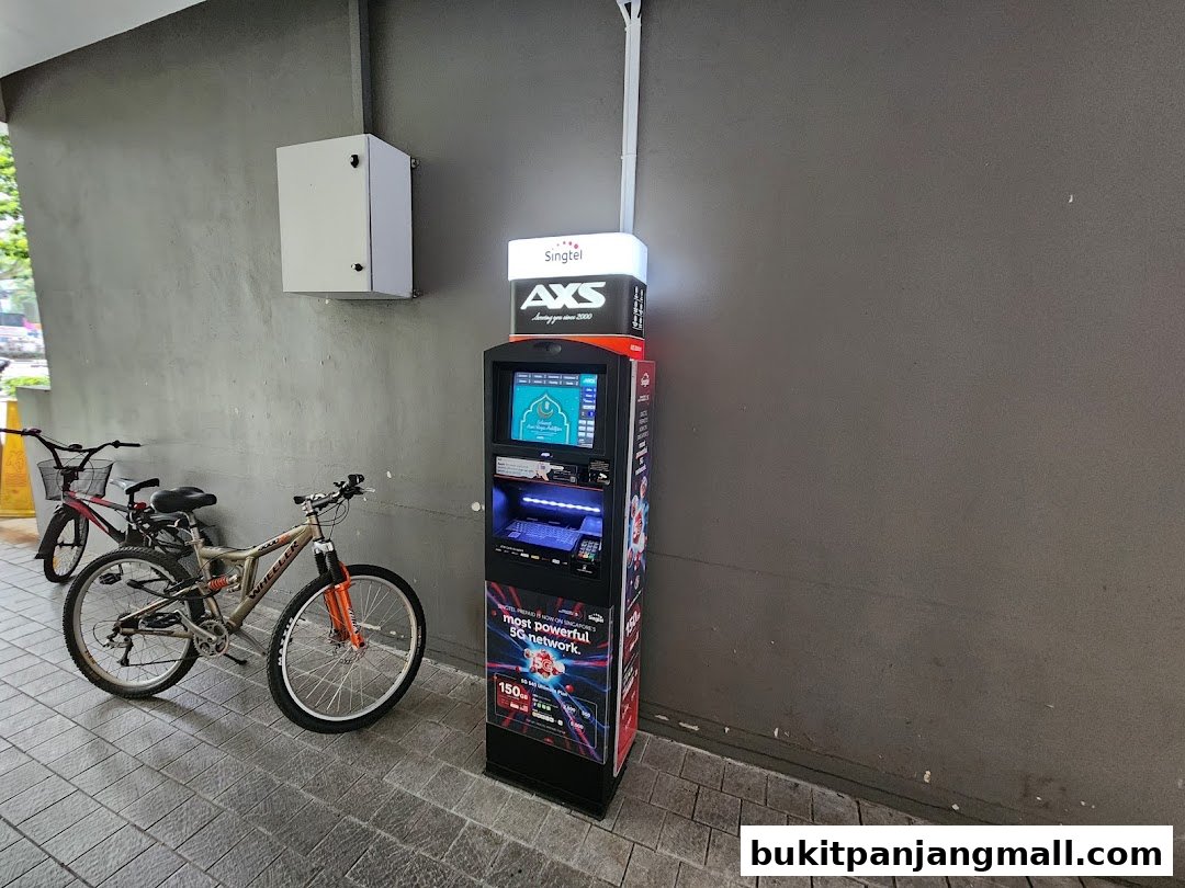 An AXS Station machine with two bicycles parked next to it.