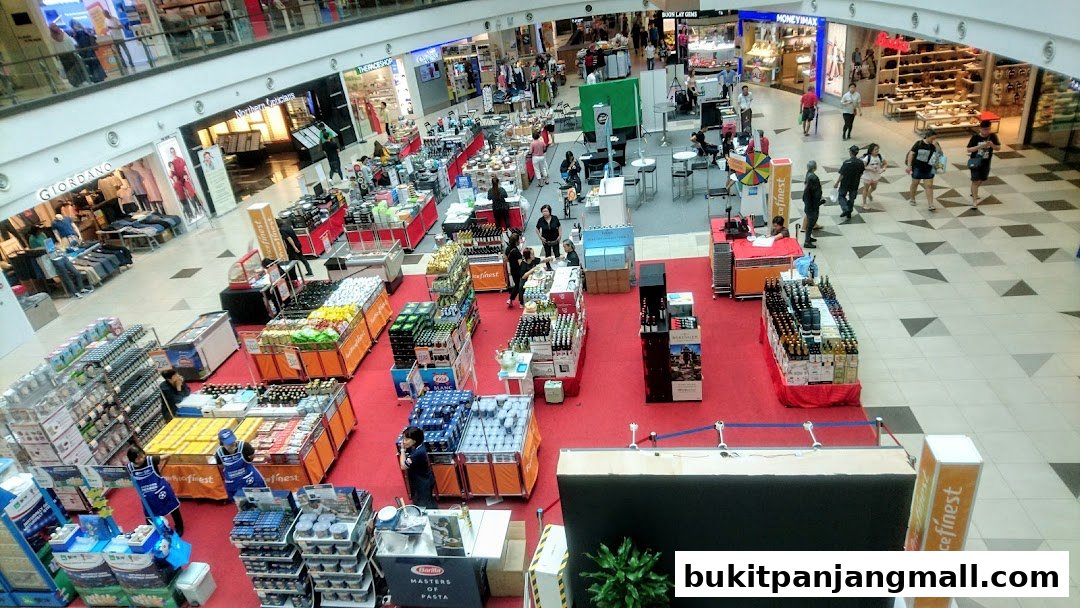 An aerial view of a bustling shopping mall with various retail displays and shoppers.