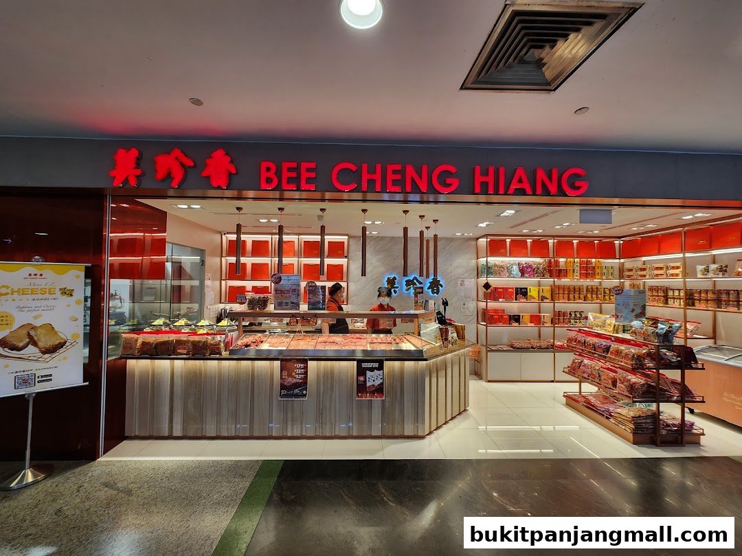 Bee Cheng Hiang shop front with a display of meat products and packaged goods.