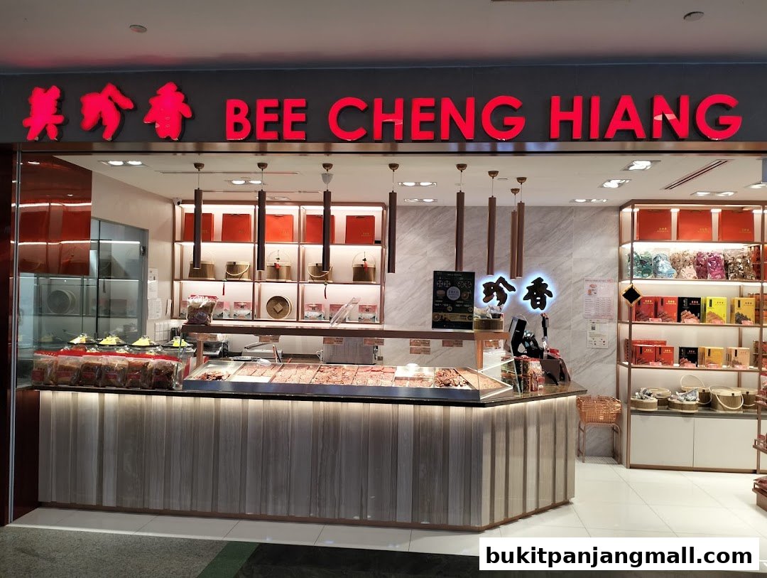 A well-lit Bee Cheng Hiang shop displaying various meat products and gift boxes.