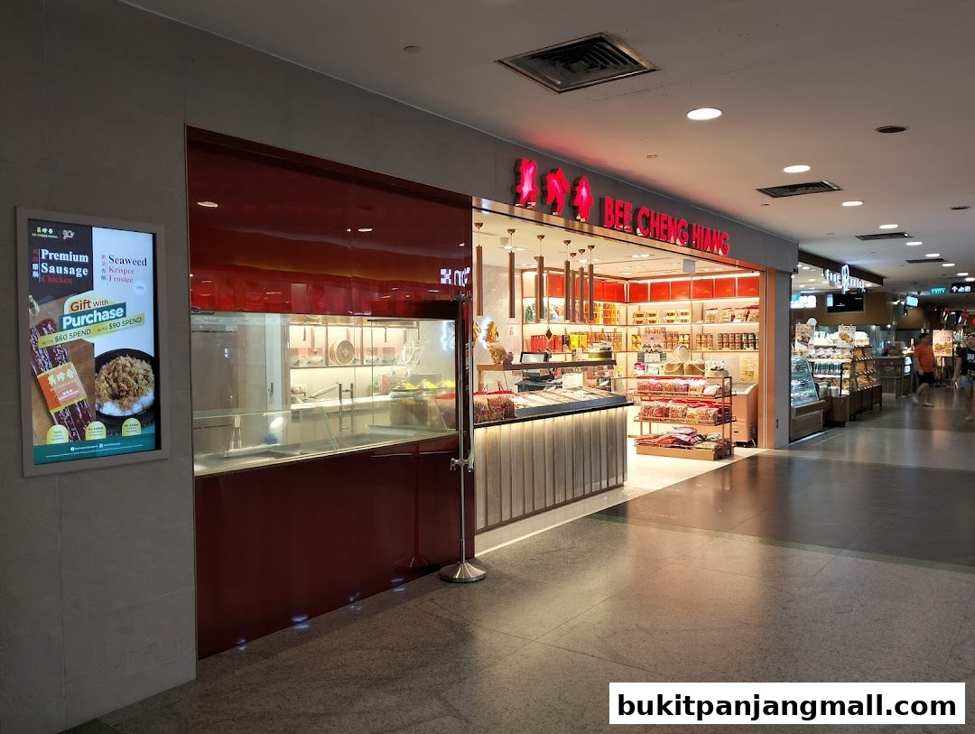 The exterior of a Bee Cheng Hiang shop, showcasing its products and signage.