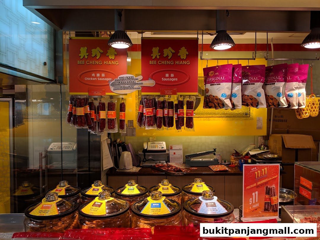 A display of various sausages and packaged snacks at Bee Cheng Hiang.