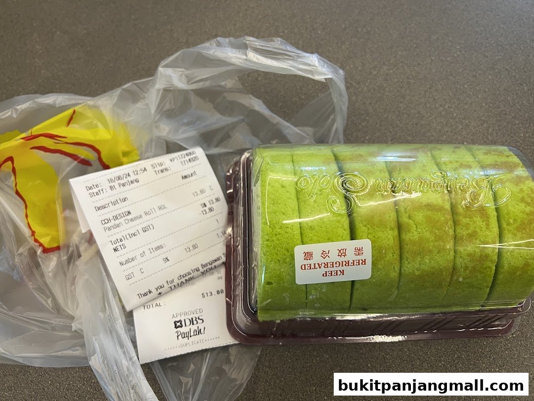 A Pandan Cheese Roll from Bengawan Solo with a receipt and shopping bag.