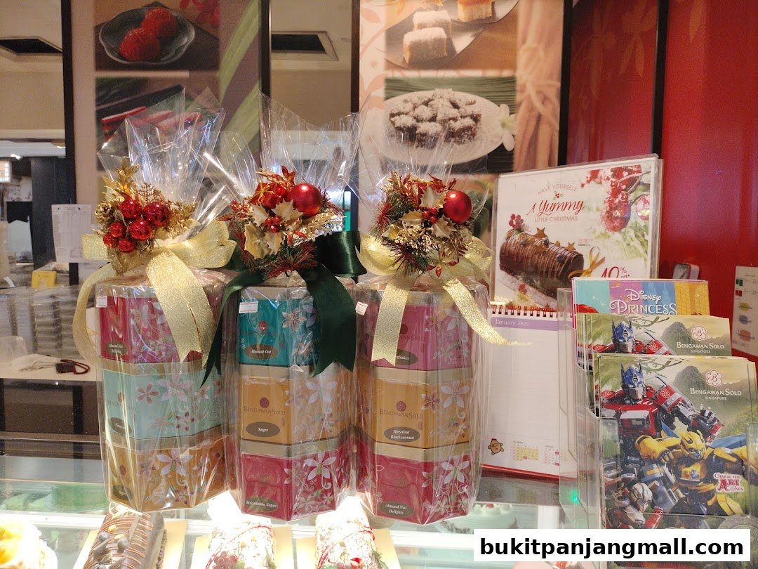 Festive gift boxes and holiday promotions displayed at Bengawan Solo.