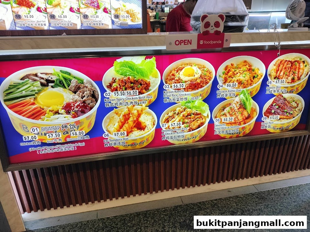 A colorful menu display showcasing various Korean rice bowls and sets with appetizing food photography.