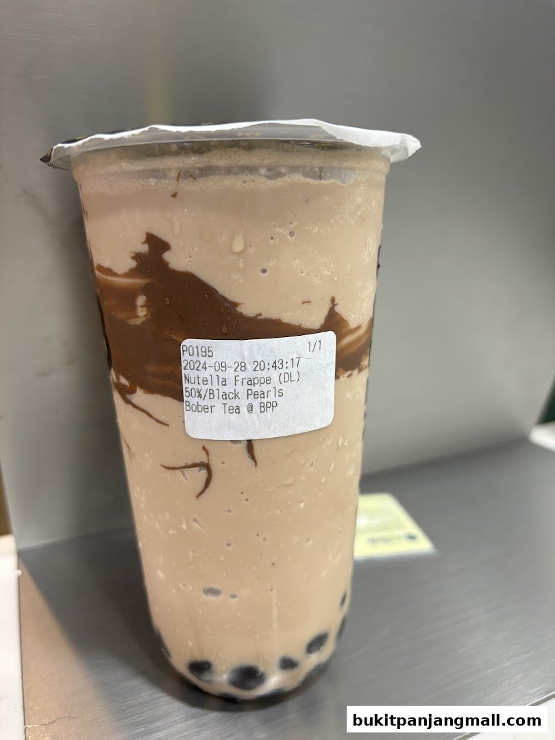 A close-up of a Nutella Frappe with black pearls from Bober Tea.