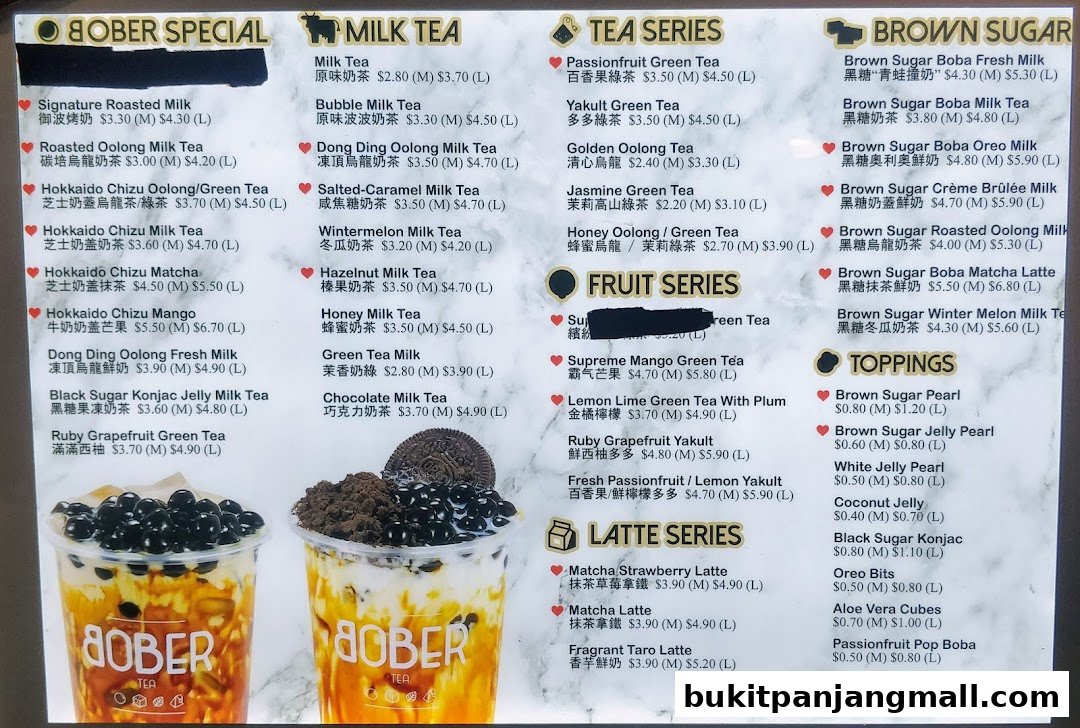 A menu board for Bober Tea featuring various milk teas, fruit teas, and latte series with prices.