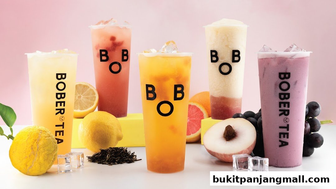 A vibrant display of five colorful Bober Tea drinks with fresh fruits and ice.