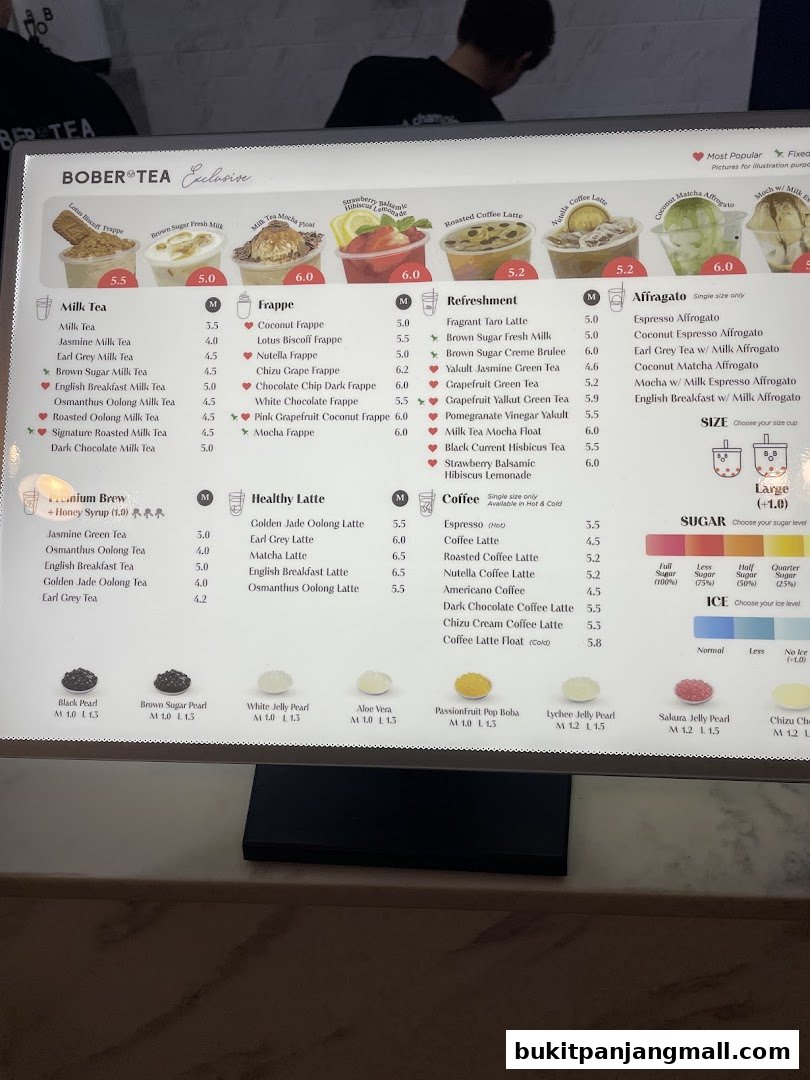 A menu board for Bober Tea displaying various milk teas, frappes, refreshers, and affrogatos with prices.