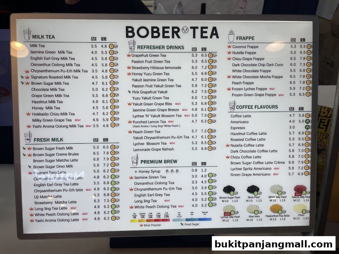 A menu board for Bober Tea featuring milk teas, refreshers, frappes, coffee flavors, and premium brews.