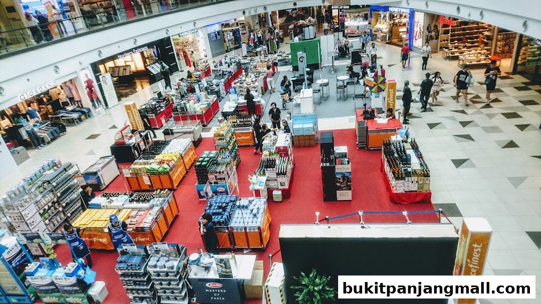 An aerial view of a bustling shopping mall with various retail displays and shoppers.