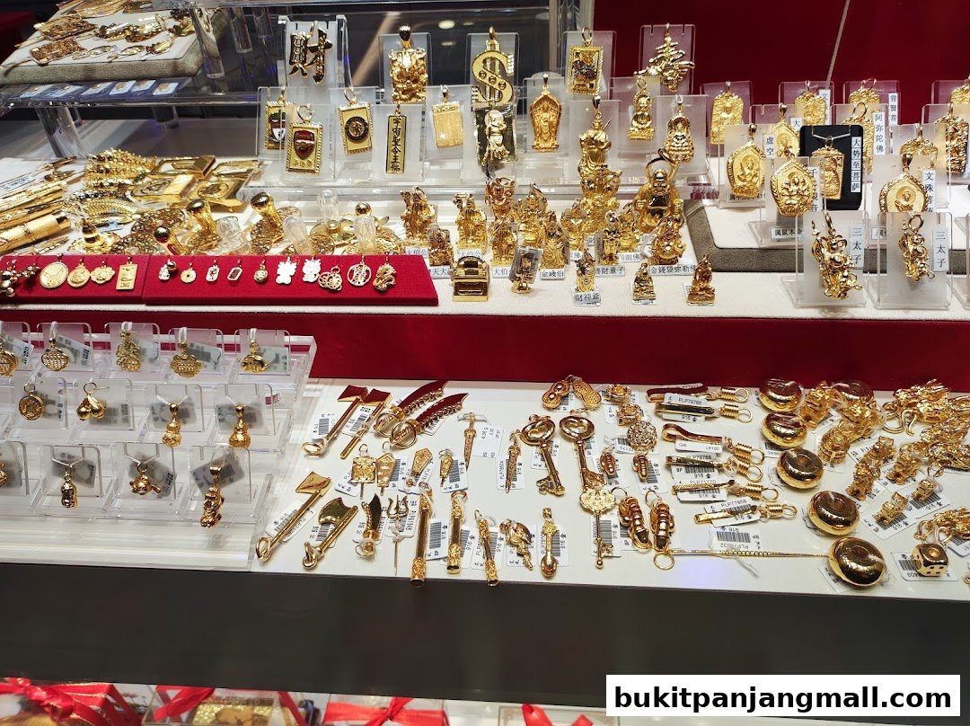 A display of various gold pendants and charms, including figures, symbols, and keys.