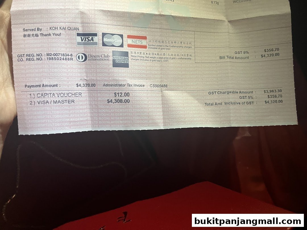 A receipt from Boon Lay Gems showing payment details and GST information.