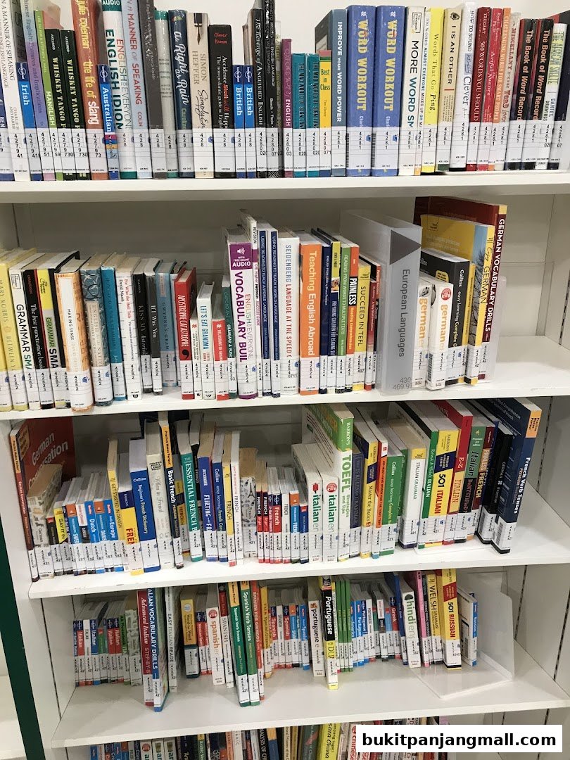 Shelves filled with books on various languages and grammar.