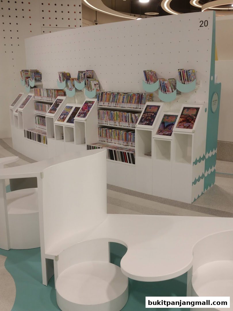 Interior view of a modern library with shelves of books and unique seating areas.
