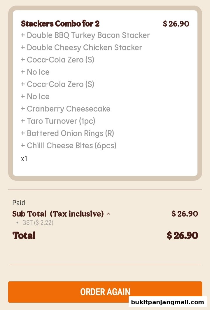 A receipt showing a Burger King 'Stackers Combo for 2' with various items and a total price.