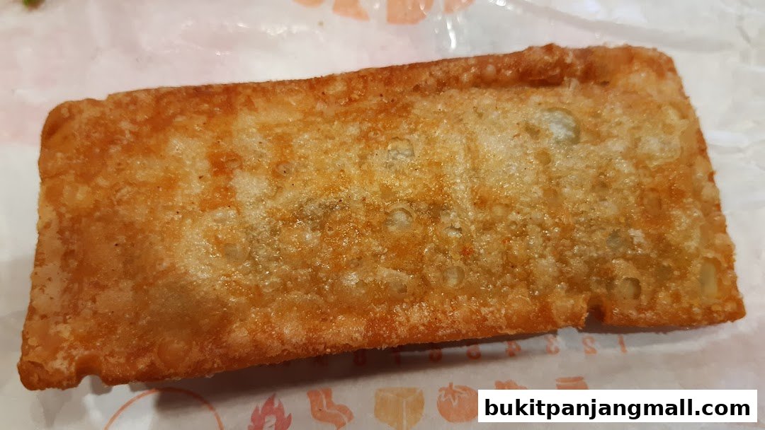 A close-up shot of a golden-brown, crispy fried pastry with visible filling.