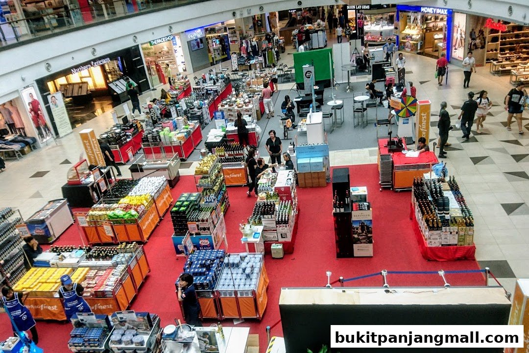 An overhead view of a busy shopping mall with various retail stalls and shoppers.